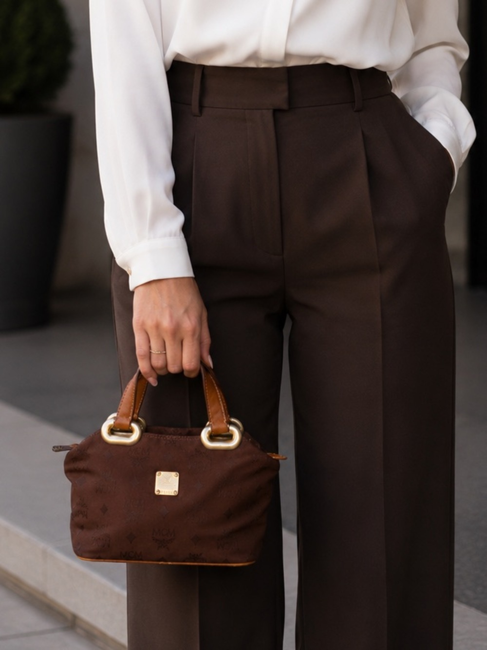 VTG MCM Visteos Brown Nylon Leather Mini Bag AS IS
